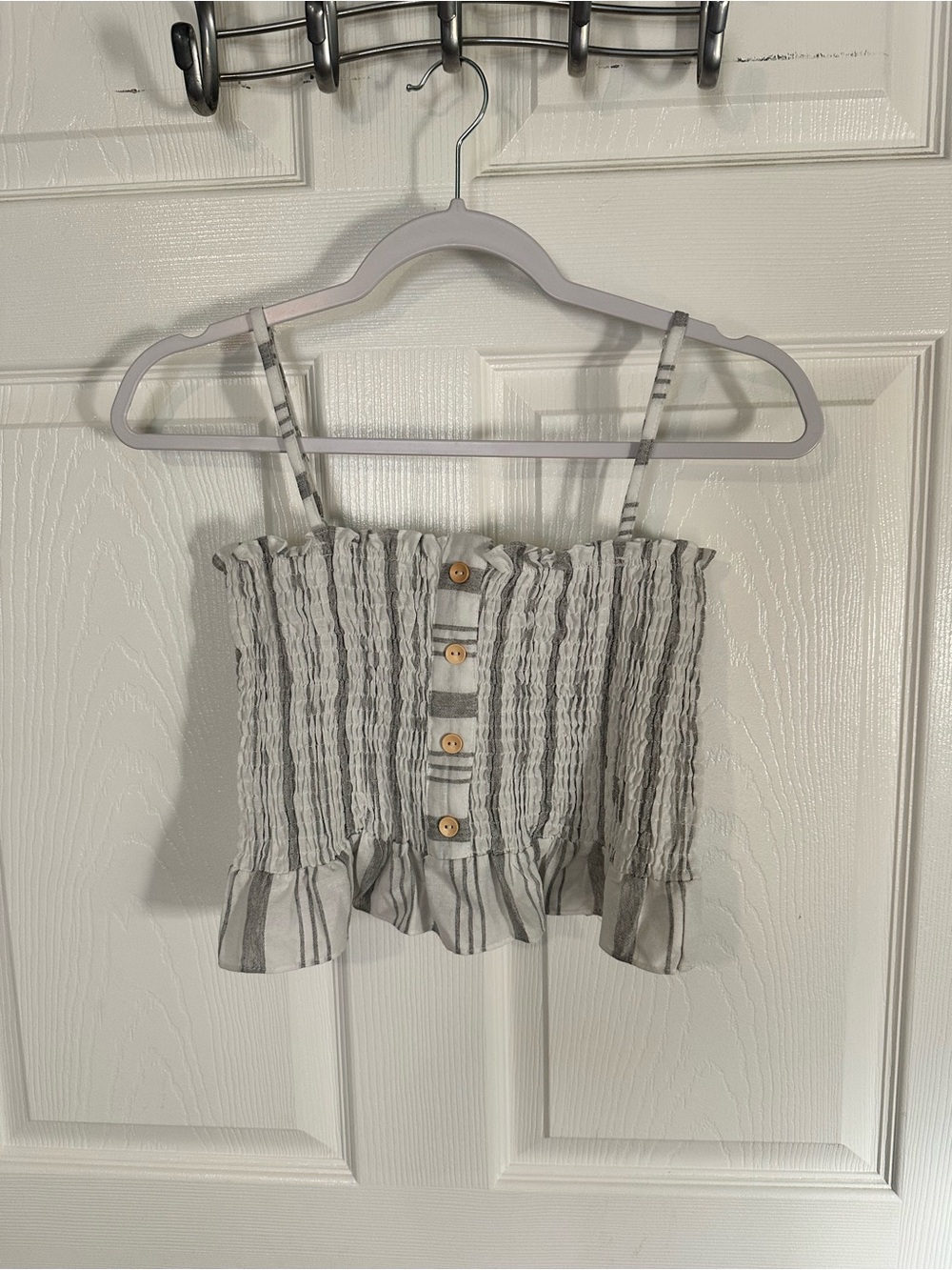 Striped Smocked Ruffle Tank Top - Gray/White
